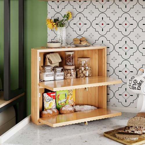 Corner Bread Box for Kitchen Countertop Bamboo Two Layer Large Capacity Bread Storage Bin Vintage Storage for Homemade Bread (Natural Bamboo)