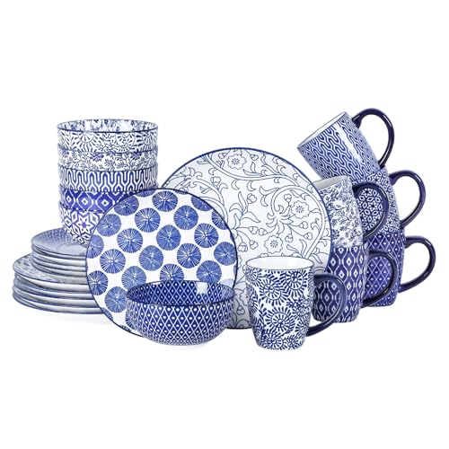 Ceramic Dinnerware Sets for 6 (Vintage Blue A / 24 Pieces)