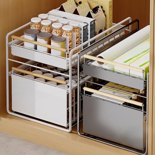 2 Tier Stainless Steel Pull Out Cabinet Organizer ([White] Free Installation)