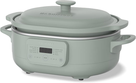 4 Quart Programmable Slow Cooker with Flexible Easy Programming, 8-in-1 Multi-Cooker with Dishwasher Safe Lid & Removable Crock Pot & Wooden Spoon, Nonstick, Oven Safe Pot to 500°F, Olive - Nestoria