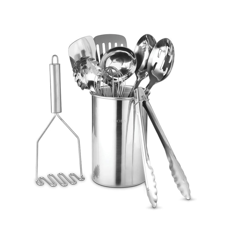 Premium Set of 10 Stainless Steel Kitchen Tool Set with Holder Easy To Clean (10 Count)