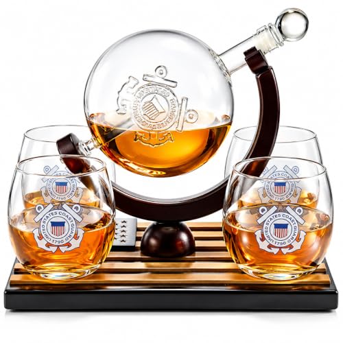 U.S. Coast Guard Globe Whiskey Decanter Set with 4 Liquor Glasses