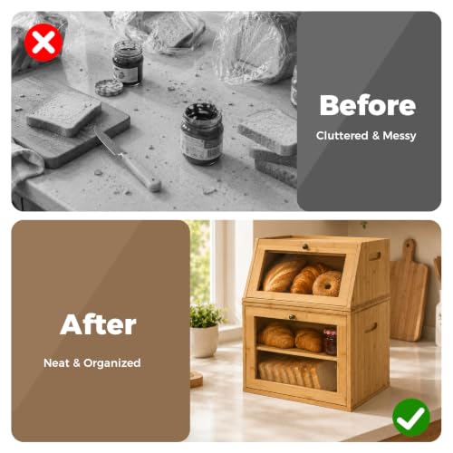 2 Tier Detachable Bamboo Bread Box for Kitchen Countertop
