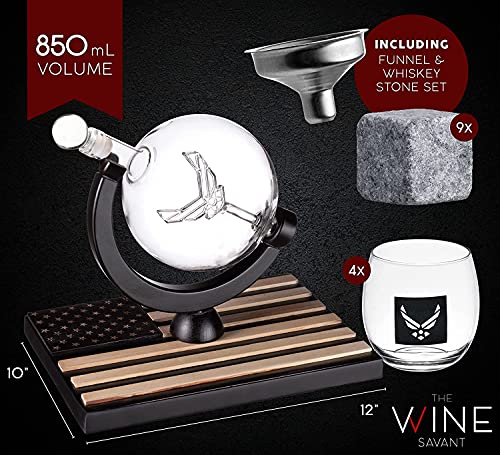 Airforce Whiskey Decanter Set with 4 Liquor Glasses Air Force Whisky Decanter & Glass Set with Wood Base & 9 Whiskey Stones