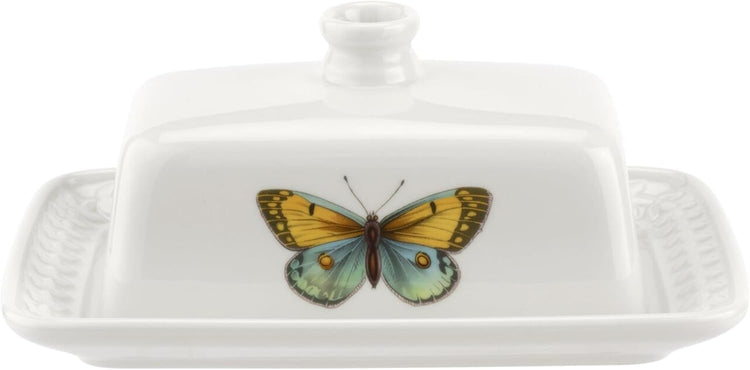 Portmeirion Botanic Garden Harmony Covered Butter Dish, 7.5 Inch - Porcelain Butter Keeper with Butterfly Motif - Dishwasher, Microwave, Freezer, Oven Safe - Vintage Inspired Kitchenware