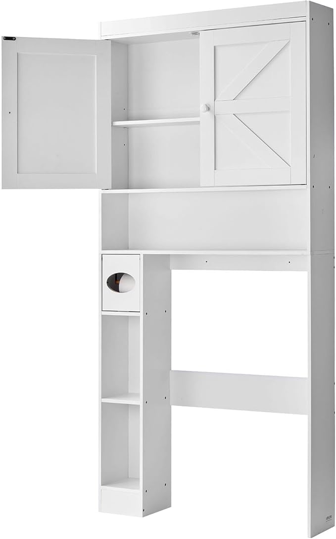 VEVOR Over The Toilet Storage Cabinet, 67.44‘’ Height Bathroom Storage Cabinet Over Toilet with Barn Door and Adjustable Shelf, Bathroom Space-Saving Toilet Rack White Wood with Open Shelf