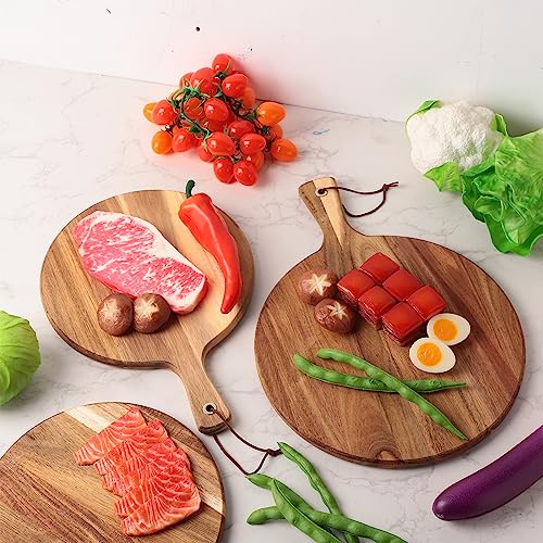 16 Pack Acacia Wood Cutting Board with Handle Thick Round Charcuterie Boards 2 Size Acacia Chopping Boards for Serving Cheese Pizza Bread Platter Baking Wooden Wall Carving Decor (16 Count)