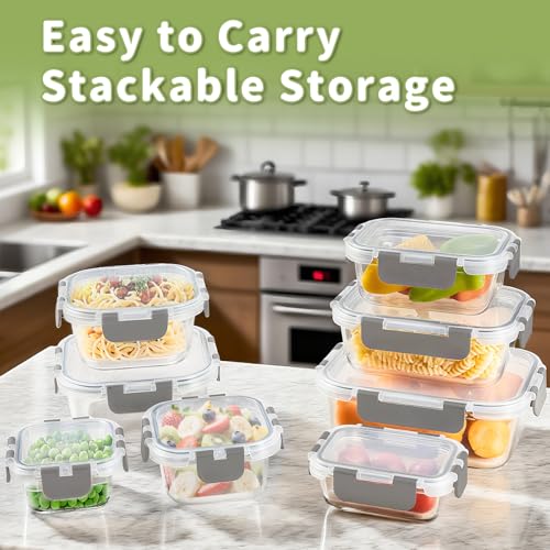 8 Pack Glass Food Storage Containers with Snap Locking Lids for Meal Prep (Grey / 8 Pack)