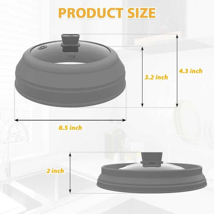 Microwave Splatter Cover Glass Splatter Guard Lid with Collapsible Silicone for Small Bowls Food Plate Cover 8.5 inch Grey