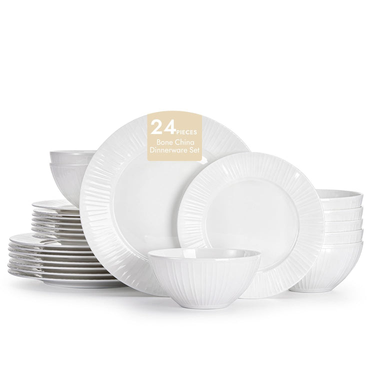 24Pc Textured White Bone China Set Service for 8