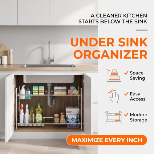 Li&Zhao Stainless Steel Under Sink Organizer (Two-tier with 4 shelves and 2 baskets)
