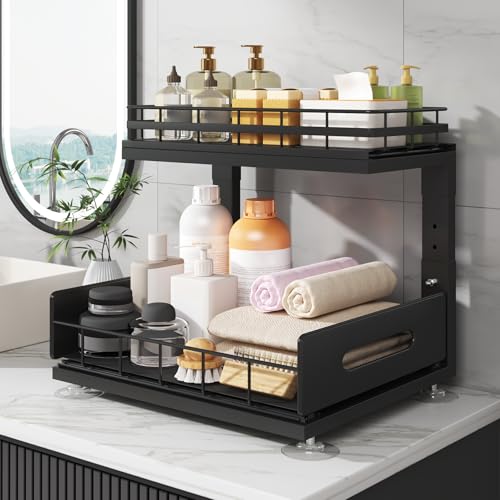 Under Sink Organizer Upgrade To Professional Rails (Black / 2 Pack-14.5"Dx12.8"-16.9"H)