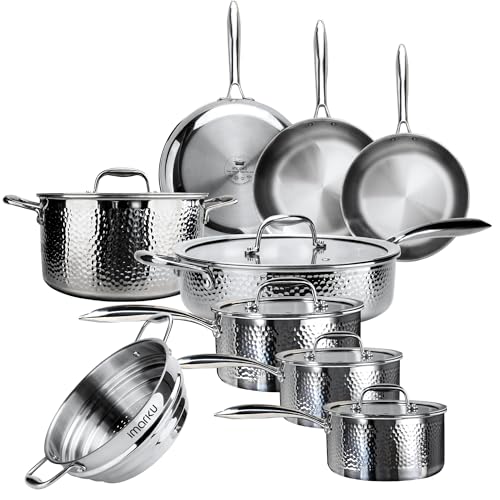 14-Piece Tri-Ply Hammered Stainless Steel Cookware Set