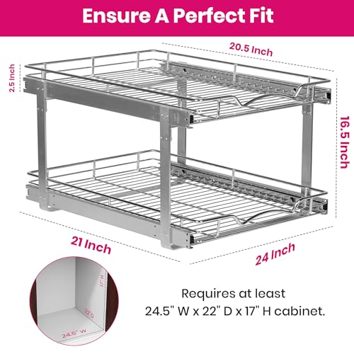 2-Tier Pull-Out Cabinet Organizer for Kitchen, 24" W x 21”D x 16.5" H (24 Inch / Two Tier)