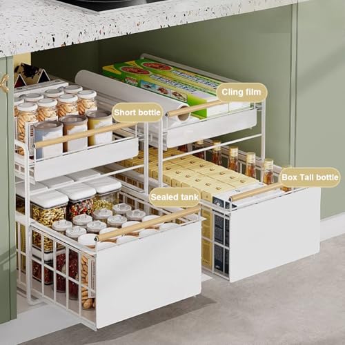 2 Tier Stainless Steel Pull Out Cabinet Organizer ([White] Free Installation)