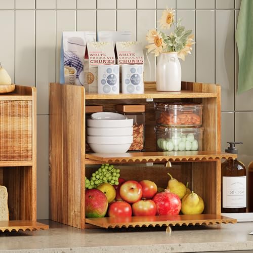 Acacia Bread Box for Kitchen Countertop Wood Bread Storage Container Bin Double Layer BreadBox Farmhouse Large Capacity Food Organizer (Acacia Wood)