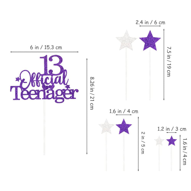 Purple Silver 13th Birthday Cake Topper with Glittery Stars (7 Count)