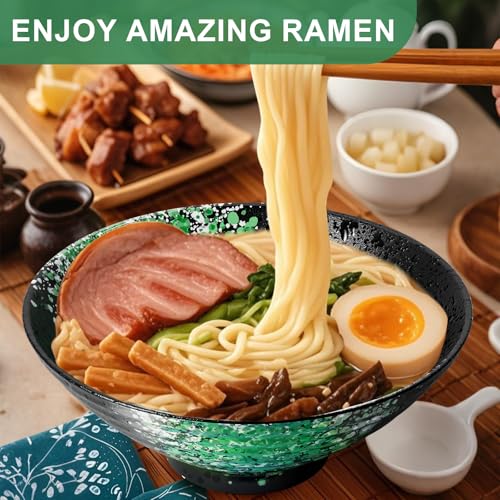 8 Inch Ramen Bowl Set 2 Large Japanese Bowls Ceramic Microwavable 8pcs (Green / 8 INCH 2 Set)