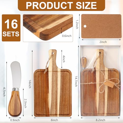 16set Acacia Wood Charcuterie Board with Knife Wooden Serving Tray with Groove Acacia Wood Cutting Board with Card and Gift Box for Wedding Baby Shower Housewarming Gift (16 Count)