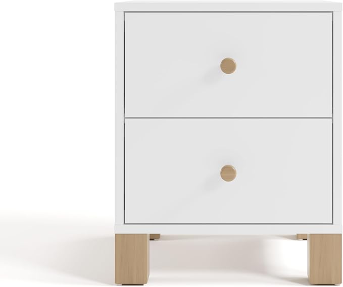 Storkcraft California 2 Drawer Nightstand (White with Driftwood) - GREENGUARD Gold Certified Nightstand for Kids Bedroom, Premium Wood Storage with Elegant, Iconic Block Feet