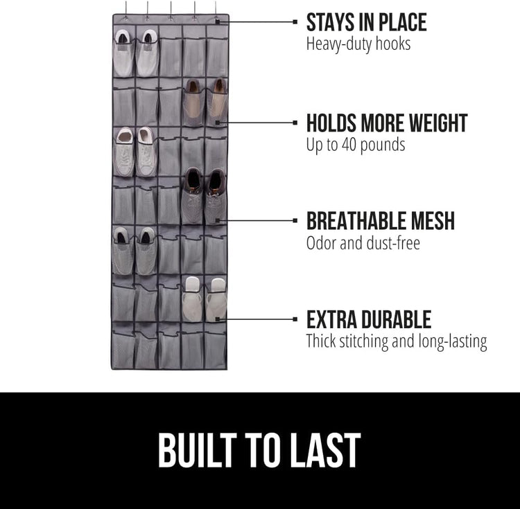 GORILLA GRIP Over the Door Shoe Organizer, 35 Large Breathable Mesh Pockets, Space Saving Hanging Storage Holder, 5 Hook Closet Rack Hanger, Hangs on Closets for Shoes, Accessories 68.5H x 24.5W Gray