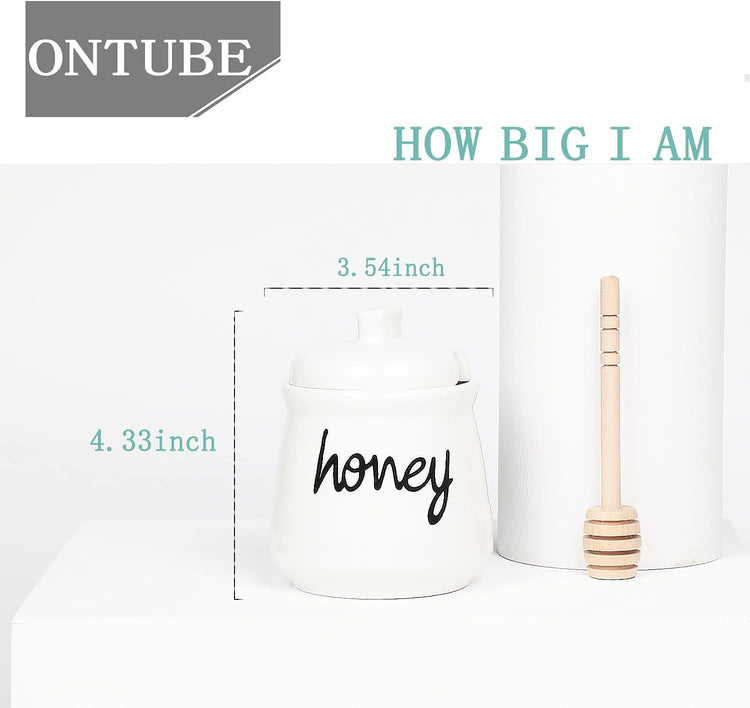12 oz Honey Jar with Dipper and Lid, Ceramic Honey Pot, White