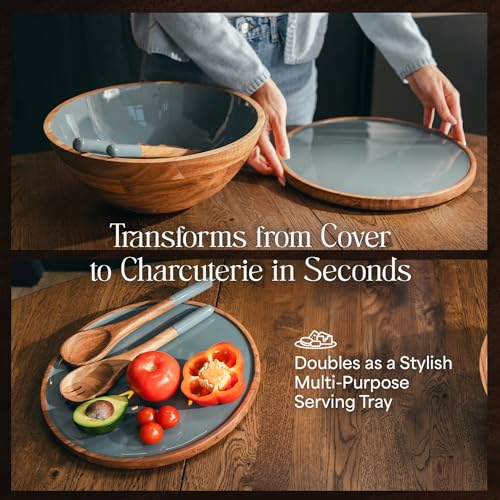 Large Wooden Salad Bowl Set 12.5 Inch with Serving Utensils (Seafoam / 12.5)