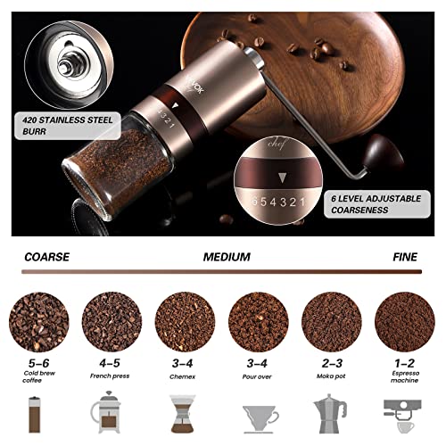 Gold Manual Coffee Grinder Stainless Steel Burr Coffee Grinder with Portable Bag External Adjustable Setting Small Hand Coffee Grinder Ultra Fine for Espresso at Home Morning Coffee (Gold)