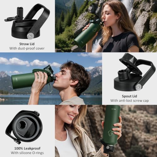 40 oz Insulated Water Bottle with Paracord Handle & Straw Spout Lids (40 Ounces / Jungle Green)