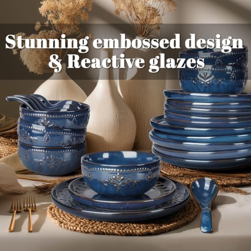 24 Piece Handcrafted Ceramic Dinnerware Set (Damask Floral (24 Pieces) (Blue))