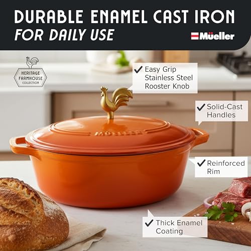 5.5 Quart Enameled Cast Iron Oval Dutch Oven w Rooster Knob & Cotton Potholders