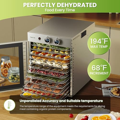 Food Dehydrators Machine with 12 Stainless Steel Trays with Timer Setting Temperature Adjusted 68 ℉ to 194 ℉ Dryer for Herb Fruit Meat Vegetables Mushroom Beef jerky for Commercial Household large (12 Count)