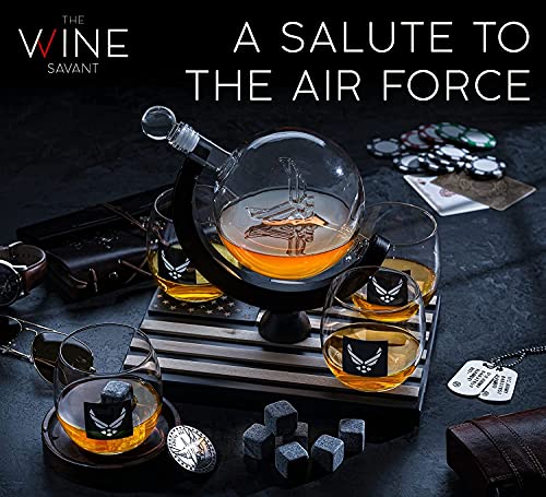Airforce Whiskey Decanter Set with 4 Liquor Glasses Air Force Whisky Decanter & Glass Set with Wood Base & 9 Whiskey Stones