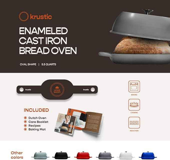 Enameled Cast Iron Dutch Oven for Professional Sourdough Bread Baking | 5.5 Quart Loaf Size Oval Cookware Pot with Lid | Triple-Layer Enamel Coating Pan with Non Stick Silicone Mat | Gray