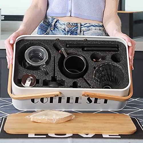 Pour Over Coffee Maker Set Coffee Kettle Scale Server Dripping Cup Bean Grinder Filter Paper Ceramic Cup ALL in 1 Great Portable Metal Box for Traveling Excellent Coffee Gift