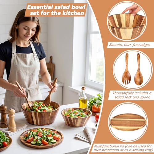 2 Sets 10" 12" Large Wooden Salad Bowls Set Acacia Wooden Mixing Serving Bowls Decorative with Serving Utensils and Cover for Fruits Salad Pasta Kitchen Party