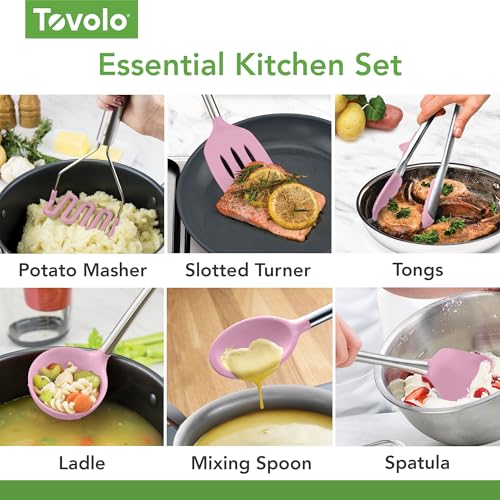 Silicone Cooking Utensil Set of 6 Pink Sorbet Ladle Slotted Turner Tongs Flex Core Spatula Scraper Mixing Spoon and Potato Masher (Pink Sorbet)