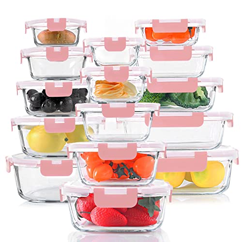 30 Pieces Glass Food Storage Containers Set (Pink / 15 Pack)