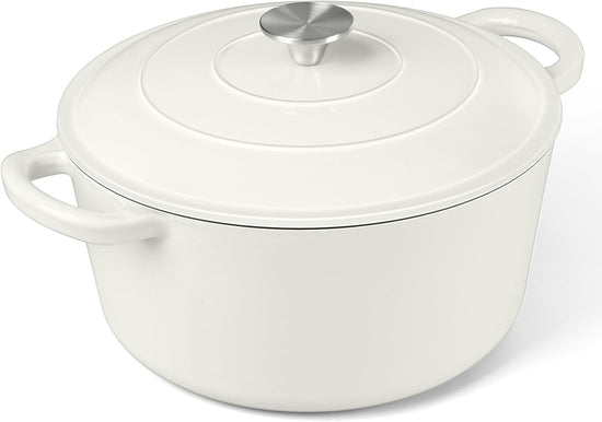 P&P CHEF 6QT Enameled Dutch Oven, Cast Iron Dutch Oven Pot with Lid for Bread Baking, Enameled Casserole Pot for Roasting Braising Stewing Frying Simmering, Various Stoves & Easy Clean, White - Nestoria