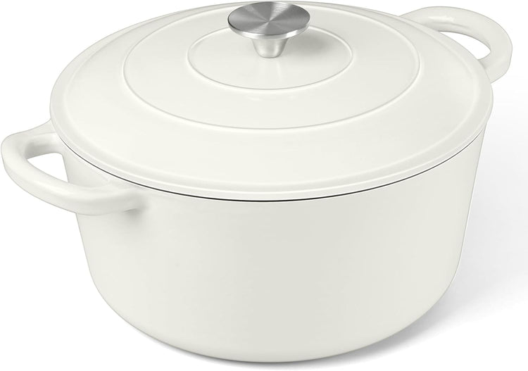 P&P CHEF 6QT Enameled Dutch Oven, Cast Iron Dutch Oven Pot with Lid for Bread Baking, Enameled Casserole Pot for Roasting Braising Stewing Frying Simmering, Various Stoves & Easy Clean, White - Nestoria