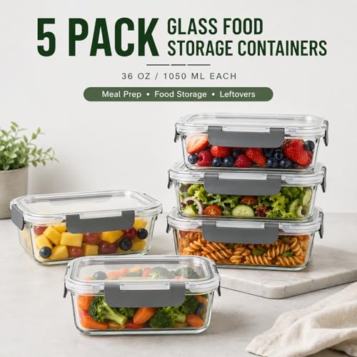 5 Pack 36oz Borosilicate Glass Food Storage Containers Set with Lids (gray)