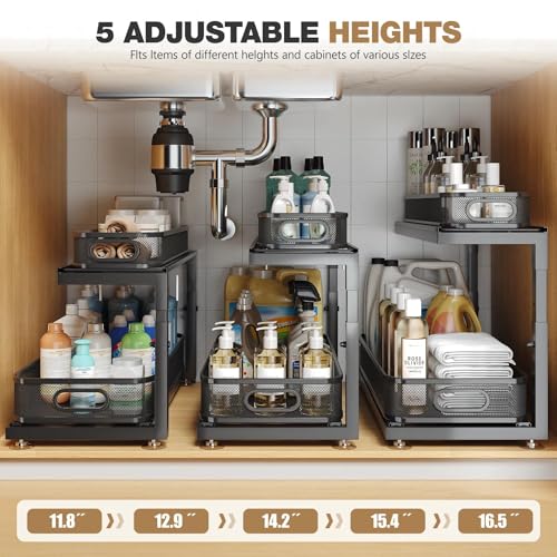 2 Pack 21.3 IN Depth Under Sink Organizer With Next (Black / 2 Pack-21.3"Dx11.8"-16.5"H)