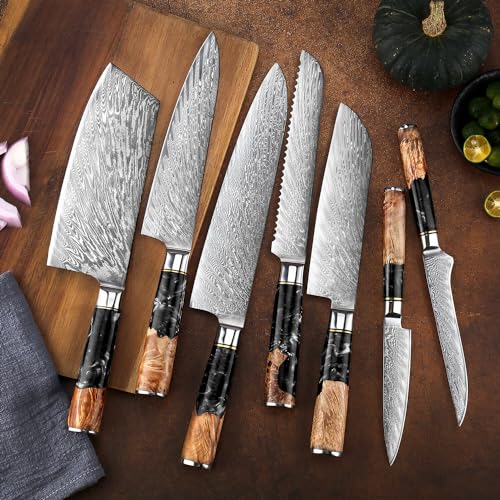 SENKEN 7 Piece Damascus Kitchen Knife Set (7 Count)