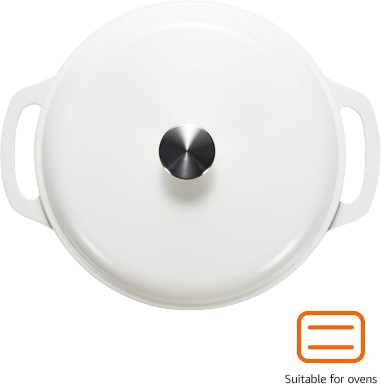 Amazon Basics Cast Iron Dutch Oven Pot with Lid, Enameled, Round, Dual Handles, Heavy-Duty, Medium, 6-Quart, Matte White - Nestoria