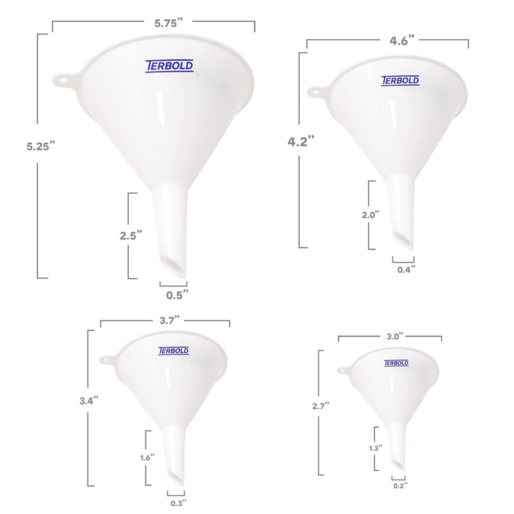 4pc Funnel Nesting Set in BPA Free Plastic for Kitchen Cooking, Car Oil, Home, or Lab Use (White)