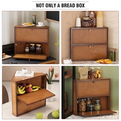 Corner Bread Box for Kitchen Countertop Bamboo Two Layer Large Capacity Bread Storage Bin Vintage Storage for Homemade Bread (Brown)