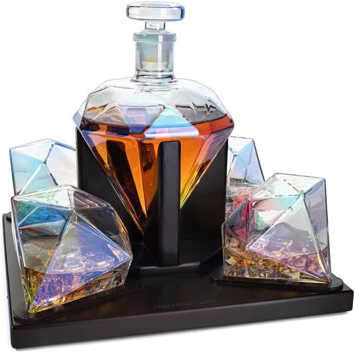 Diamond Whiskey Decanter With 4 Iridescent Glasses 750ML Mahogany Wood Tray