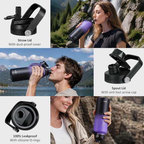 40 oz Insulated Water Bottle with Paracord Handle & Straw Spout Lids (40 Ounces / Purple Black)