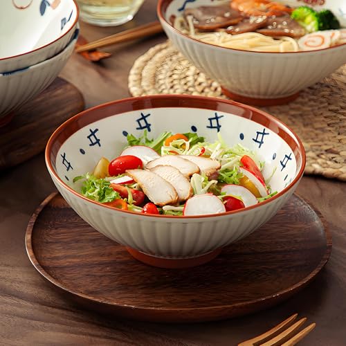8 Inch 38OZ Ceramic Ramen Soup Bowl Set of 4 with spoons (Brown and White)
