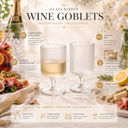 Textured Clear Glass Ribbed Modern Elegant Wine Goblets for Red White Rosé Beverages